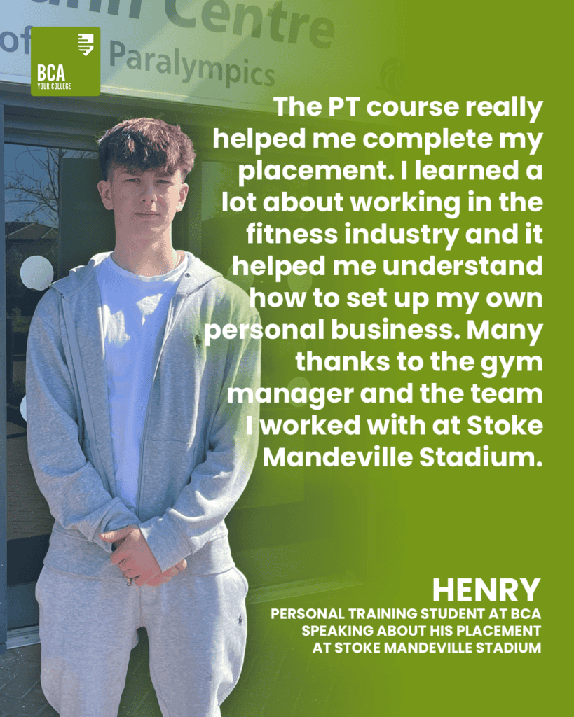 Student testimonial as text on a green background with a photo of the student