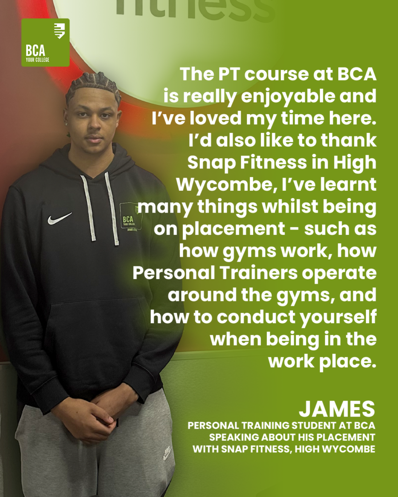 Student testimonial as text on a green background with a photo of the student