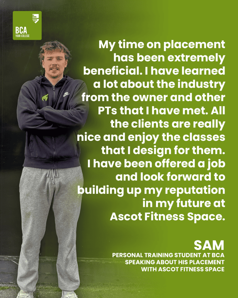 Student testimonial as text on a green background with a photo of the student